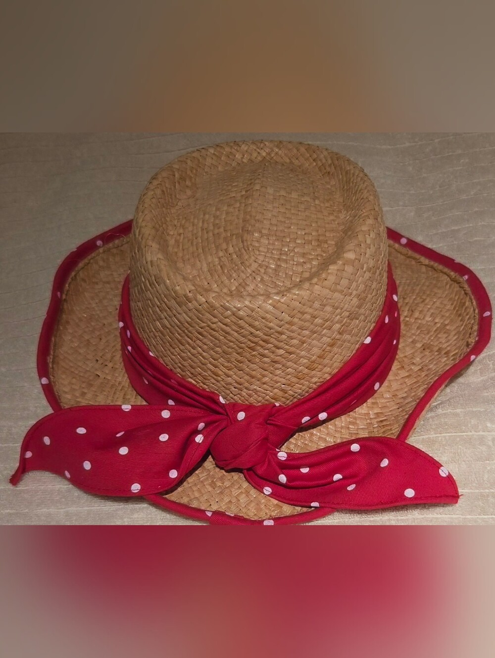 Vintage Scala Straw Fedora Hat with Red Polka Dot Scarf Pretty Woman Style